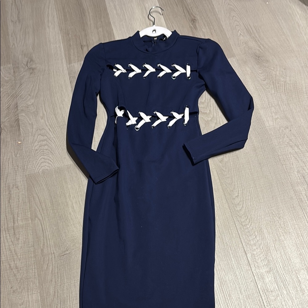Guess Blue and White Long Sleeve Sheath Dress